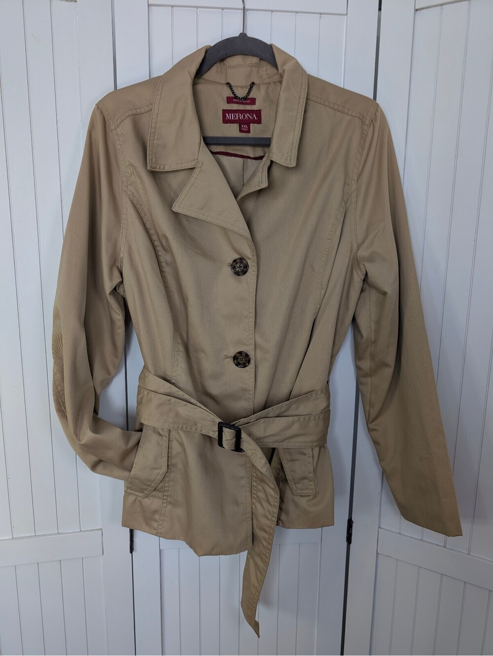 Merona Womens XXL Khaki Trench Jacket Water Repellent Belted Tan Coat 2XL